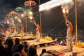 Hindu priests perform an aarti in Varanasi, India.