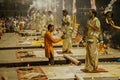 Hindu priests perform an Arti worship ceremony in Varanasi Royalty Free Stock Photo