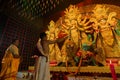 Hindu Priests worshipping Goddess Durga with panchapradip,chamor and fan. Ashtami puja aarati-sacred Durga Puja ritual- festival Royalty Free Stock Photo