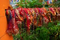 Hindu religious threads with wishes of devotees and Buddhist religious flags at Mahakal Temple Royalty Free Stock Photo