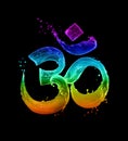 Hindu sign Om made of colored glowing water splashes on black background