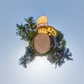 hindu temple of goddess laxmi in jungle in Indian tropic village on little planet in blue sky, transformation of spherical 360