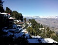 Hindu temple at Himalaya mountain in Nepal with snow everywhere