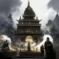 Hindu temple in the middle of a foggy day with a blurred silhouette of a monk generative AI