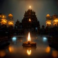 Hindu temples in the middle of them burning fire, light in the mist. Diwali, the dipawali Indian festival of light
