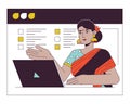 Hindu woman on web conferencing flat line concept vector spot illustration