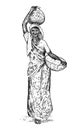 Hindu woman working in India. Lady carrying a basin on her head. engraved hand drawn, vintage style. Differences hindu