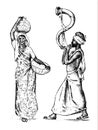 Hindu working in India. engraved hand drawn in old sketch, vintage style. Differences hindu ethnic people in traditional