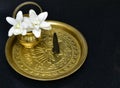 Hinduism Prayer Brass plate with water pot, incense and flowers Royalty Free Stock Photo