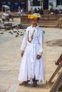 A Hinduism priest who in white robe , Dasain Festival , Kathmandu , Nepal