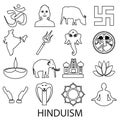 Hinduism religions symbols vector set of outline icons