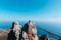 A hinged bridge high in the mountains of Crimea Ai-Petri. The sea in the background Horizontal photo Royalty Free Stock Photo