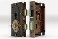 hinged door lock with internal mechanism, visible through the keyhole