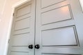 Hinged interior double doors with panelled design and shiny round doorknobs