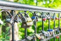 Hinged love locks hanging on a bridge Royalty Free Stock Photo