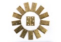 Hinges for doors flower sun circle. Golden brass. On white Royalty Free Stock Photo