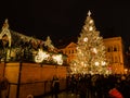 Hining Christmas tree in Prague old town, Staromestske square. Czechia Royalty Free Stock Photo