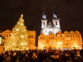 Hining Christmas tree in Prague old town, Staromestske square. Czechia Royalty Free Stock Photo