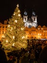 Hining Christmas tree in Prague old town, Staromestske square. Czechia Royalty Free Stock Photo