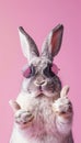 Hip easter bunny in sunglasses giving thumbs up on pastel background with space for text Royalty Free Stock Photo