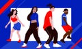 Four dancers rehearsing hip-hop dance or street dance style turfing, krump, jazz-funk choreography in dance class. Hip hop culture Royalty Free Stock Photo