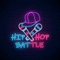 Hip hop battle neon sign with two microphones and baseball cap. Emblem of rap music. Dance contest advertisement design