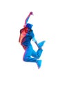 Hip hop, contemp, dance hall, street style dancer. Young girl in motion dancing isolated over white background in neon Royalty Free Stock Photo