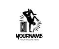 Hip hop dancer and cassette player or retro tape player, logo design. Street dances, music and art, vector design