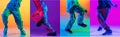 Set with images of female and male legs in colored shoes, sneakers, trainers dancing isolated over multicolored Royalty Free Stock Photo