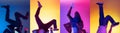 Set with images of female and male legs in colored shoes, sneakers, trainers dancing isolated over multicolored Royalty Free Stock Photo