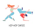 Hip-hop dancers stylish young couple, vector cartoon flat illustration for contemporary breakdancing school