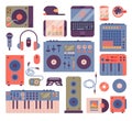 Hip hop or DJ accessory musician instruments breakdance expressive rap music disc jockey vector icons