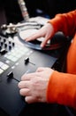 Professional dj audio equipment on concert in night club Royalty Free Stock Photo