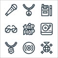 Hip hop line icons. linear set. quality vector line set such as , vinyl, necklace, turntable, hip hop, sunglasses, cigarettes,