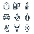 Hip hop line icons. linear set. quality vector line set such as wristwatch, necklace, hand, spray, hand, car, hair comb, mp player