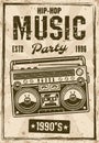 Hip-hop music party vintage poster with boombox