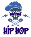Hip Hop music vector logo or label with wicked skull and two microphones crossed like crossbones, Rap rhymes night club party