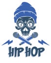 Hip Hop music vector logo or label with wicked skull and two microphones crossed like crossbones, Rap rhymes night club party