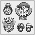 Hip-hop and rap emblems, attributes and accessories. Poster templates and design elements. Royalty Free Stock Photo