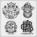 Hip-hop and rap emblems, attributes and accessories. Poster templates and design elements. Royalty Free Stock Photo