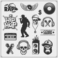 Hip-hop and rap emblems, attributes and accessories. Poster templates and design elements.