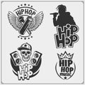 Hip-hop and rap emblems, attributes and accessories. Poster templates and design elements. Royalty Free Stock Photo