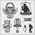 Hip-hop and rap emblems, attributes and accessories. Poster templates and design elements.