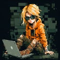 Hip-hop Style Woman Using Laptop On Pixel Art Background