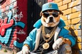 Hip-Hop Superstar Dog: Baseball Cap Angled to the Side, Dark Sunglasses Obscuring Eyes, Golden Chain