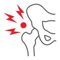 Hip pain thin line icon, body and injure, hip dysplasia sign, vector graphics, a linear pattern on a white background.