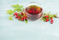 Hip rose tea with fresh fruits and leaves, hot drink Royalty Free Stock Photo