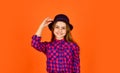 Hip and stylish. stylish kid looking retro. checkered fashion for teen. happy childhood concept. small girl follow Royalty Free Stock Photo