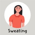 Hiperhidrosis sweating. Young woman with sweat stain on her clothes. Healthcare flat vector illustration
