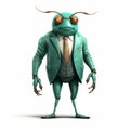 Hiperrealistic Cartoon Of Friendly Anthropomorphic Beetle In Green Turquoise Suit